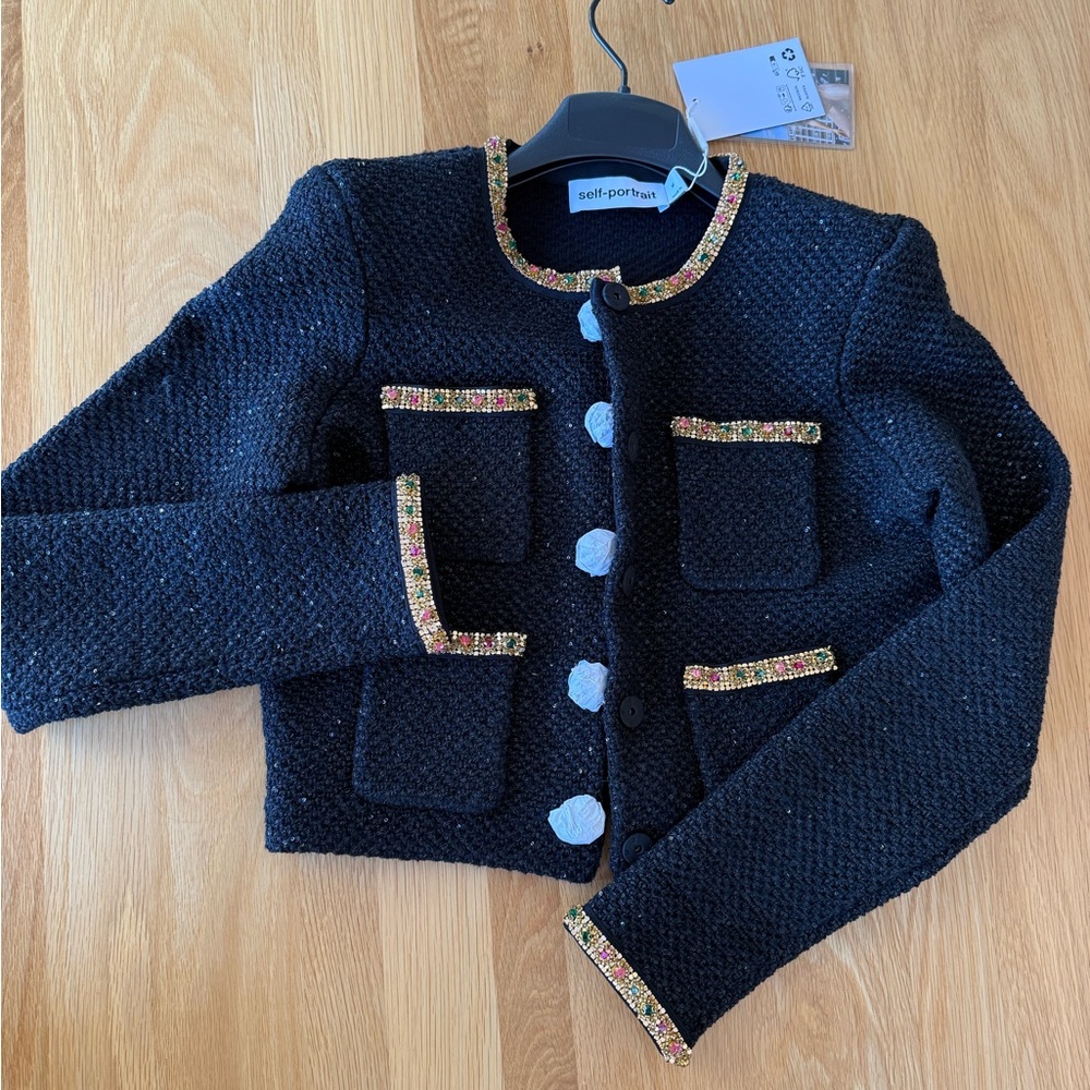 Self-Portrait Black Tweed Blazer with Gold Accents